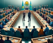 DALL·E 2024-05-04 22.06.15 — A formal meeting scene in Kazakhstan, in a parliamentary hall. The image includes a businessman, an economist, a lawyer, and a journalist, each distin